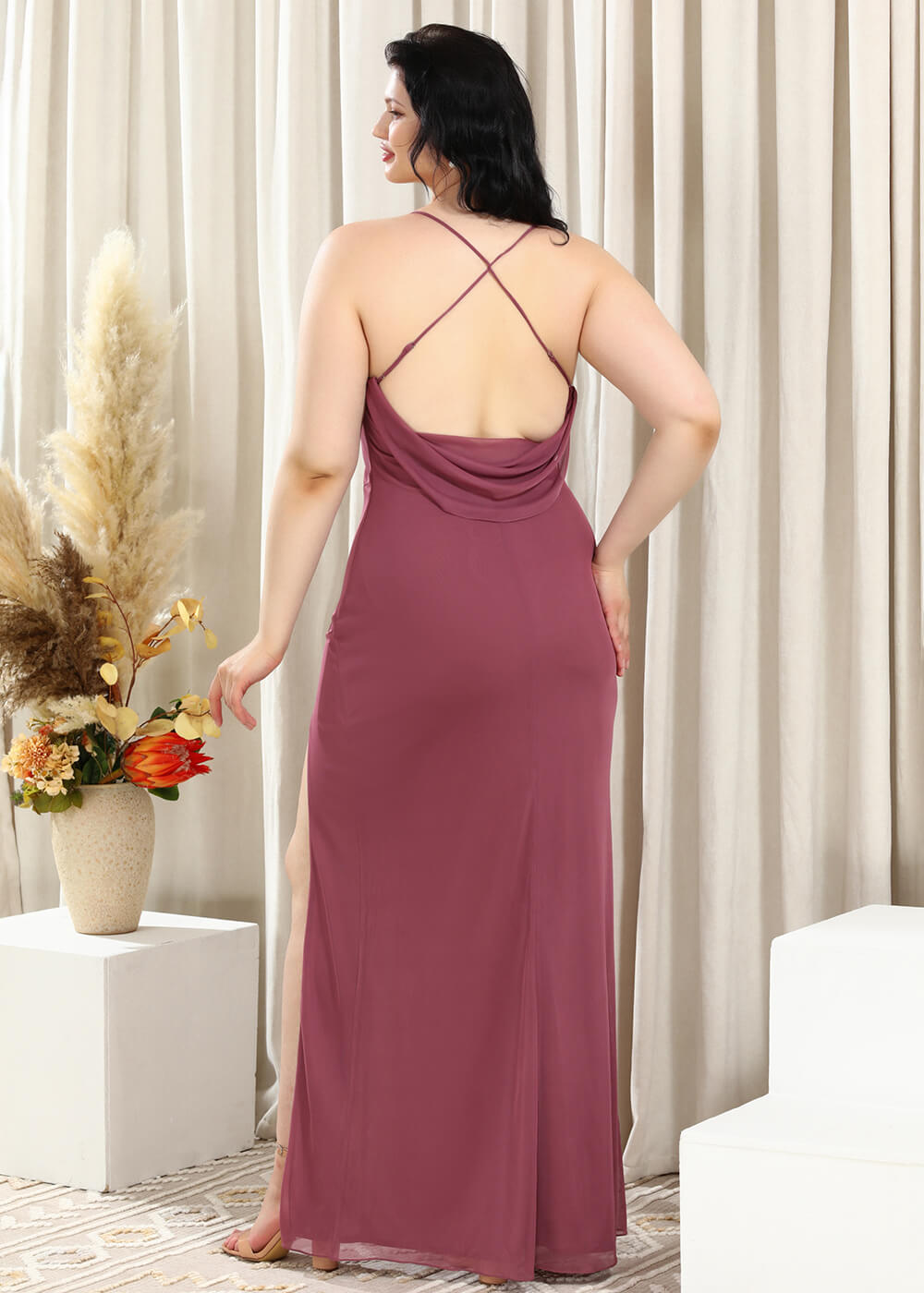 Spaghetti Strap Cowl Neck Cowl Back Sheath Chiffon Bridesmaid Dress