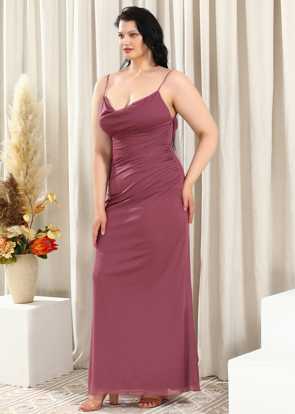 Spaghetti Strap Cowl Neck Open Back Long Chiffon Bridesmaid Dress