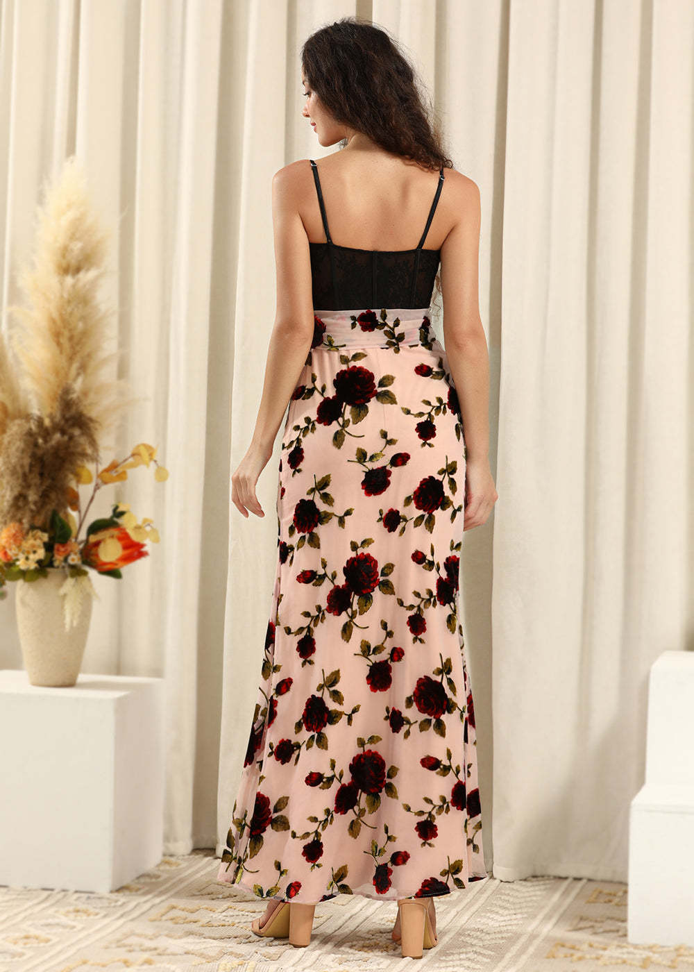 Rose Burn-out Velvet Black Lace Corset Sheath Strap Bridesmaid Dress