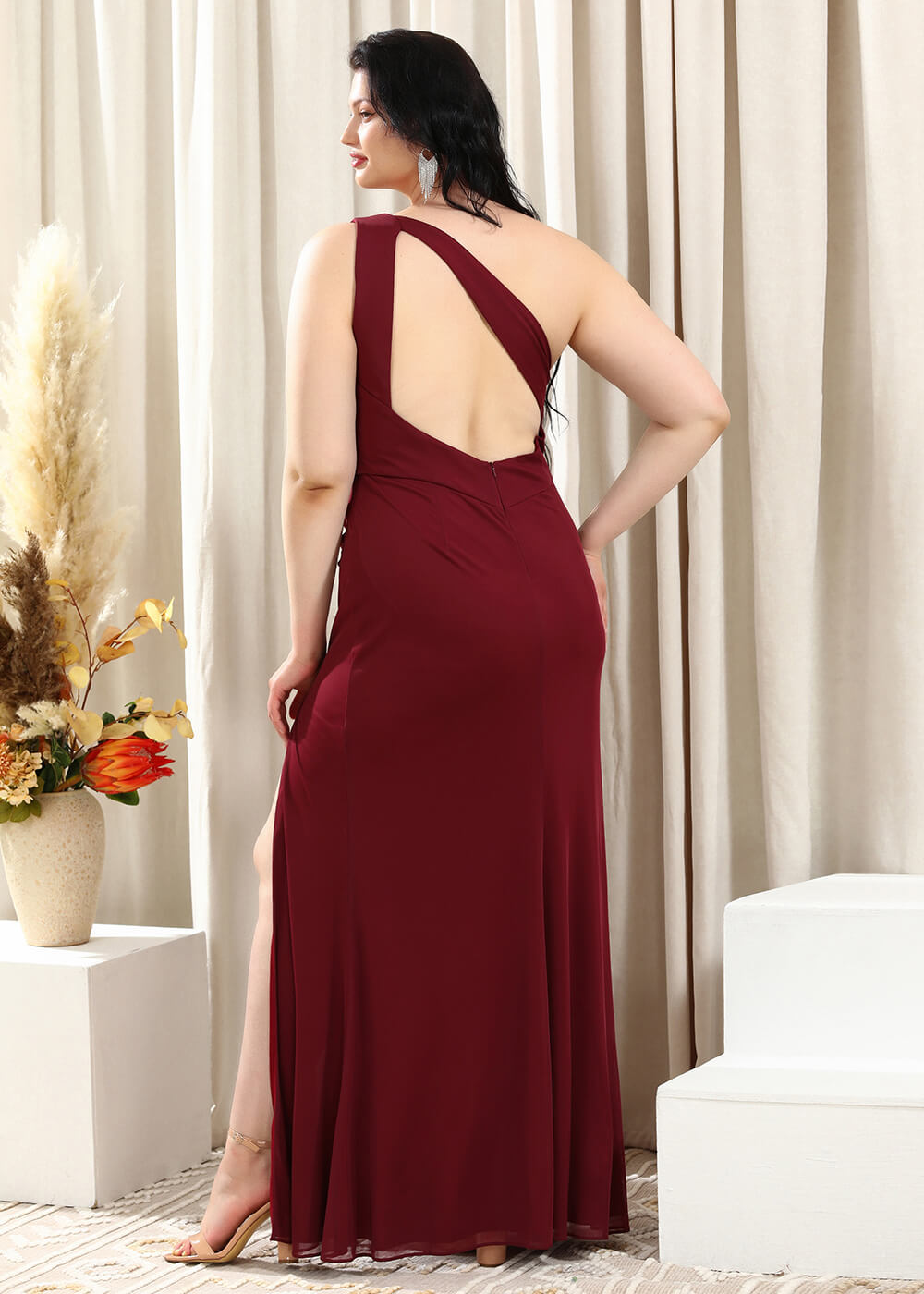 One Shoulder Sheath Chiffon Leg Slit Bridesmaid Dress