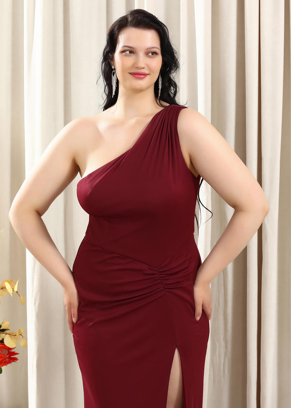 One Shoulder Sheath Chiffon Leg Slit Bridesmaid Dress