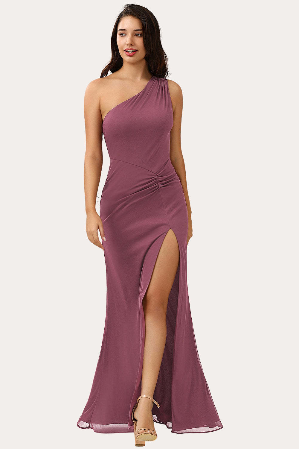 One Shoulder Chiffon Long Sheath Open Back Bridesmaid Dress