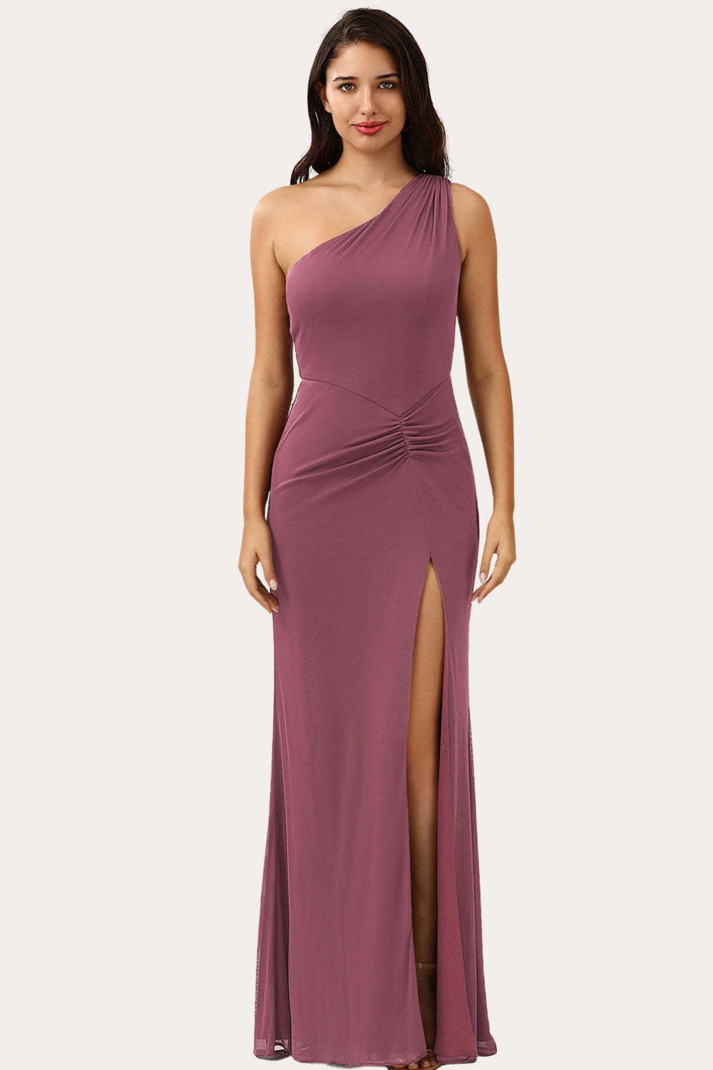One Shoulder Sheath Chiffon Leg Slit Bridesmaid Dress