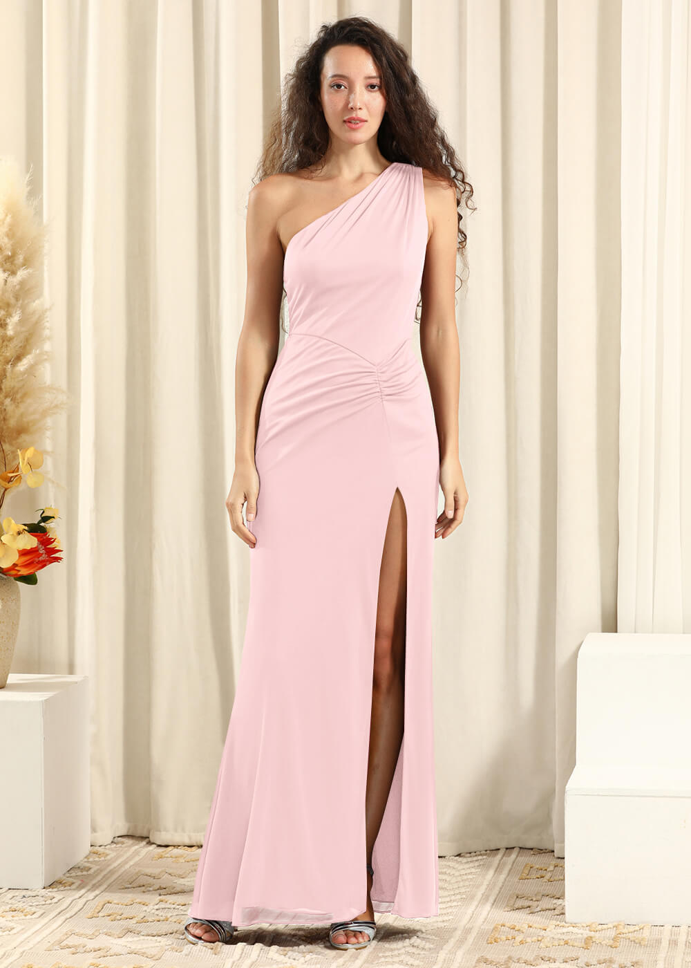 One Shoulder Chiffon Long Sheath Open Back Bridesmaid Dress