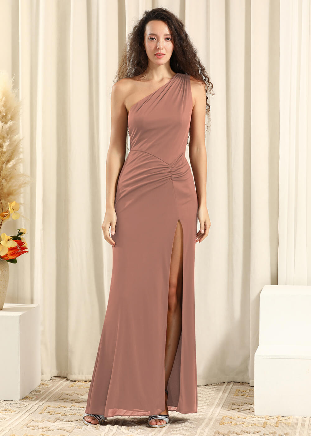 One Shoulder Chiffon Long Sheath Open Back Bridesmaid Dress