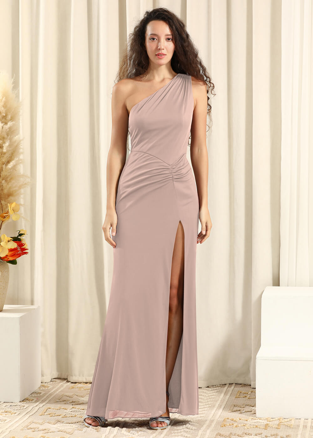 One Shoulder Chiffon Long Sheath Open Back Bridesmaid Dress