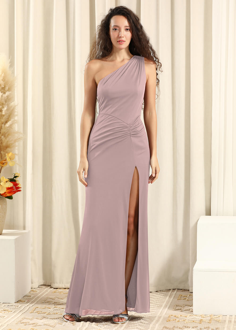 One Shoulder Chiffon Long Sheath Open Back Bridesmaid Dress