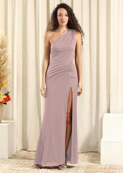 One Shoulder Chiffon Long Sheath Open Back Bridesmaid Dress