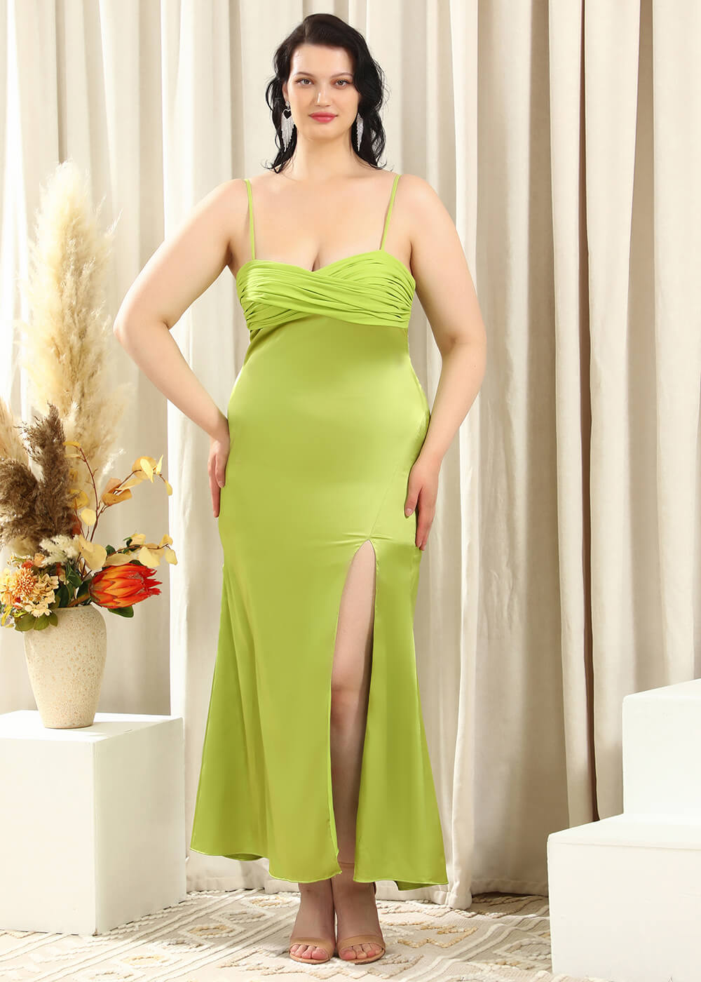 Spaghetti Strap Sheath Satin Ankle Length Leg Slit Bridesmaid Dress