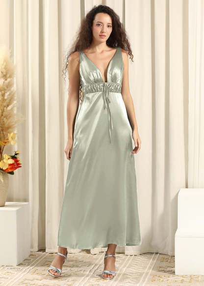 Deep V-neck Pleated Satin Ankle Length Sheath Bridesmaid Dress