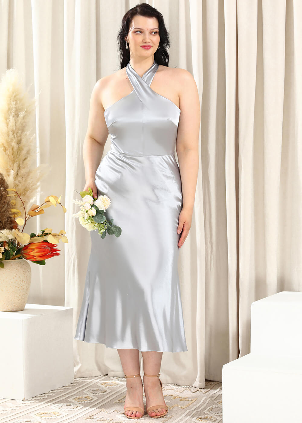 Halter Neck Sheath Satin Open Back Ankle Length Bridesmaid Dress