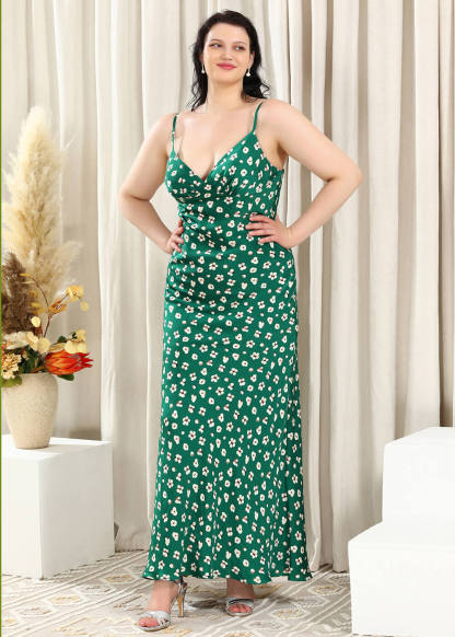 White Flower Pattern Green Satin Strap Long Sheath Bridesmaid Dress