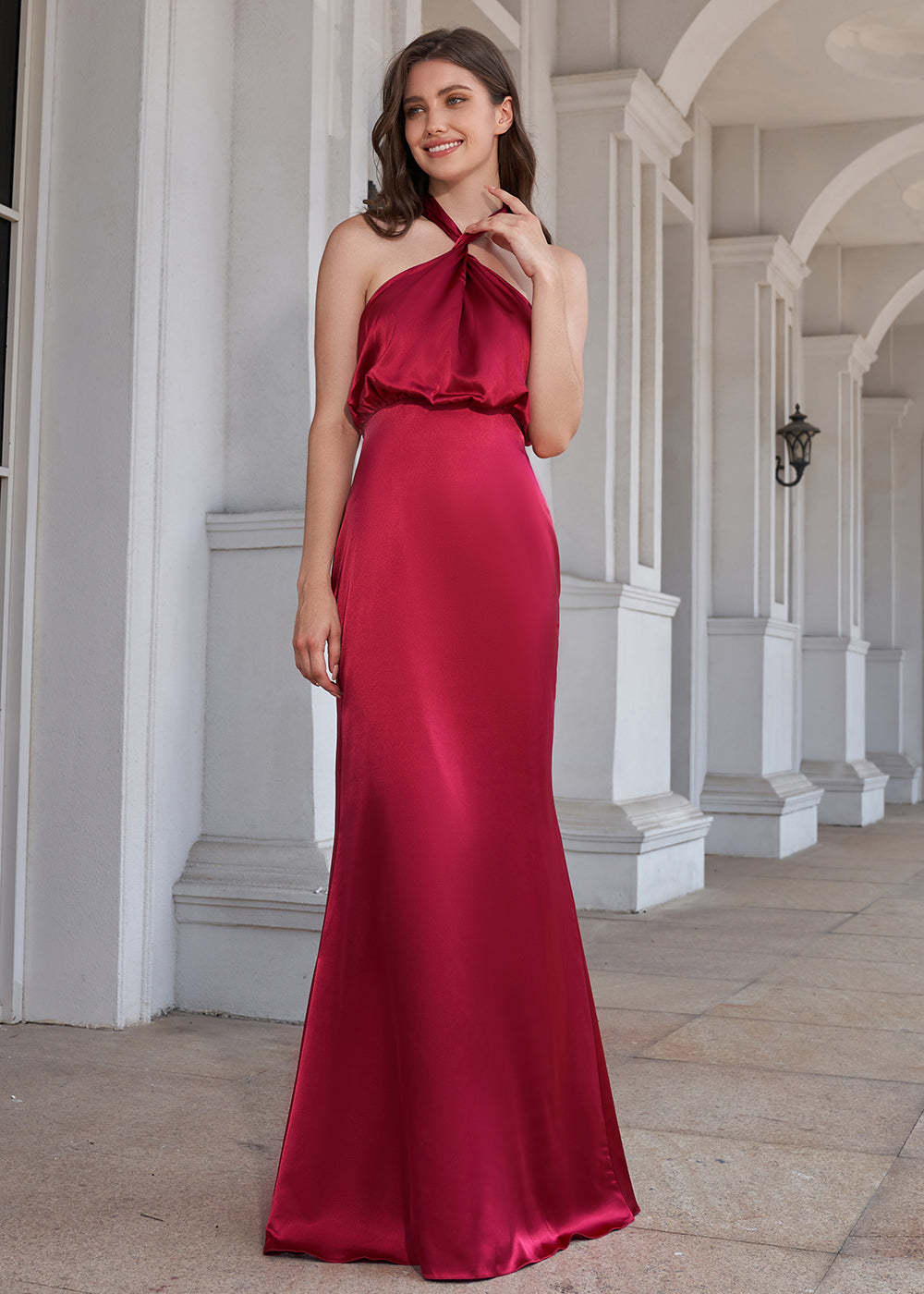 Halter Neck Sheath Satin Floor Length Bridesmaid Dress