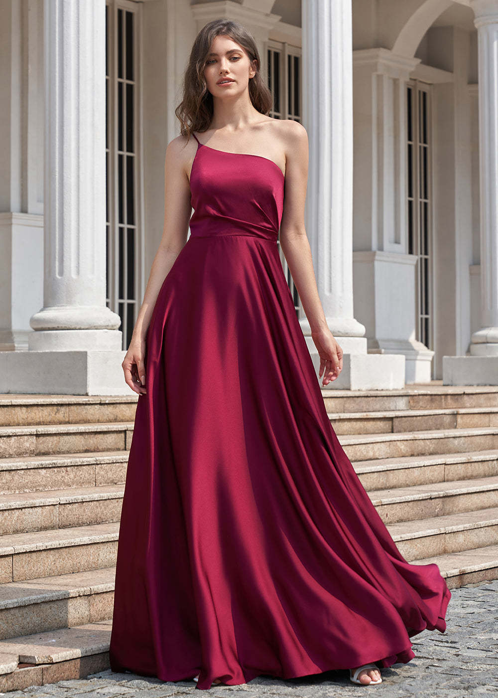 A-line Long One Shoulder Pleated Satin Bridesmaid Dress