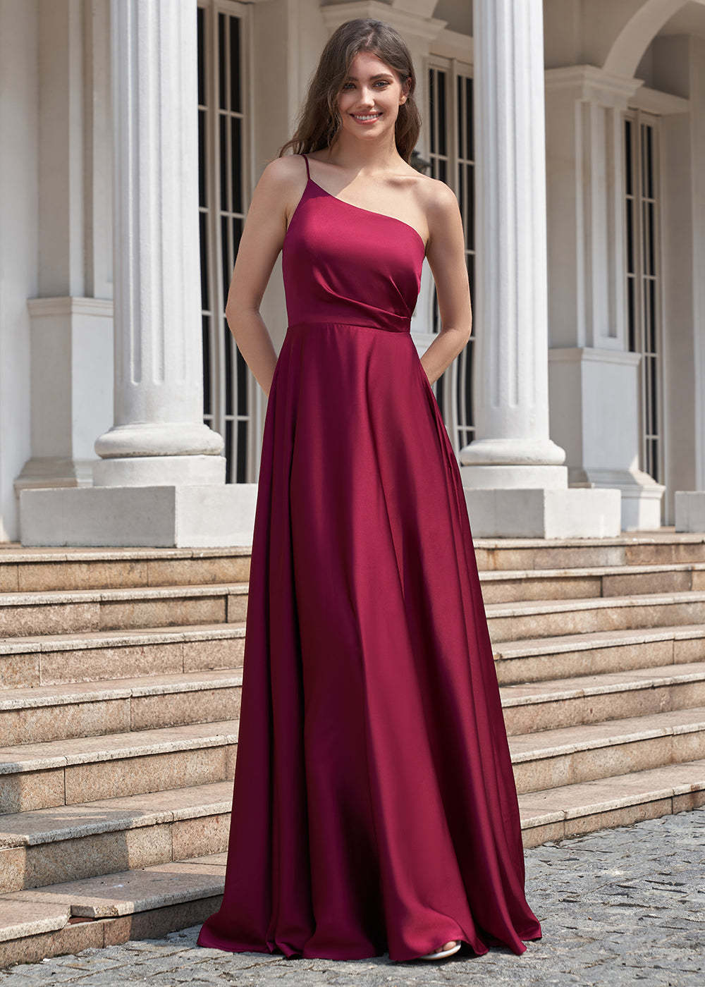A-line Long One Shoulder Pleated Satin Bridesmaid Dress