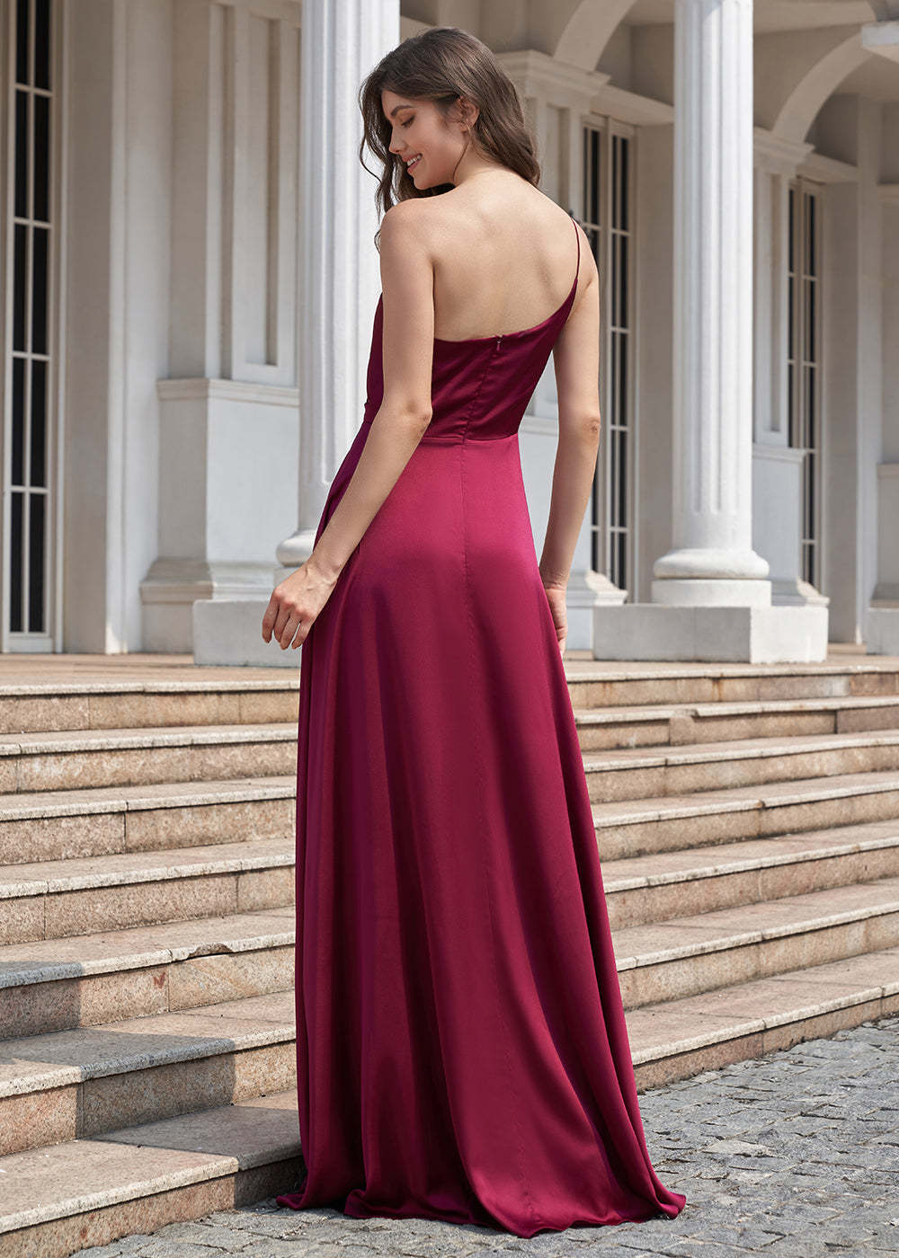 A-line Long One Shoulder Pleated Satin Bridesmaid Dress