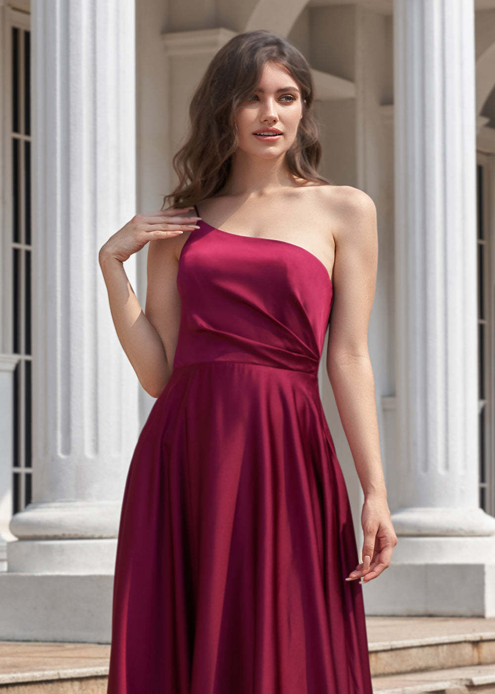 A-line Long One Shoulder Pleated Satin Bridesmaid Dress