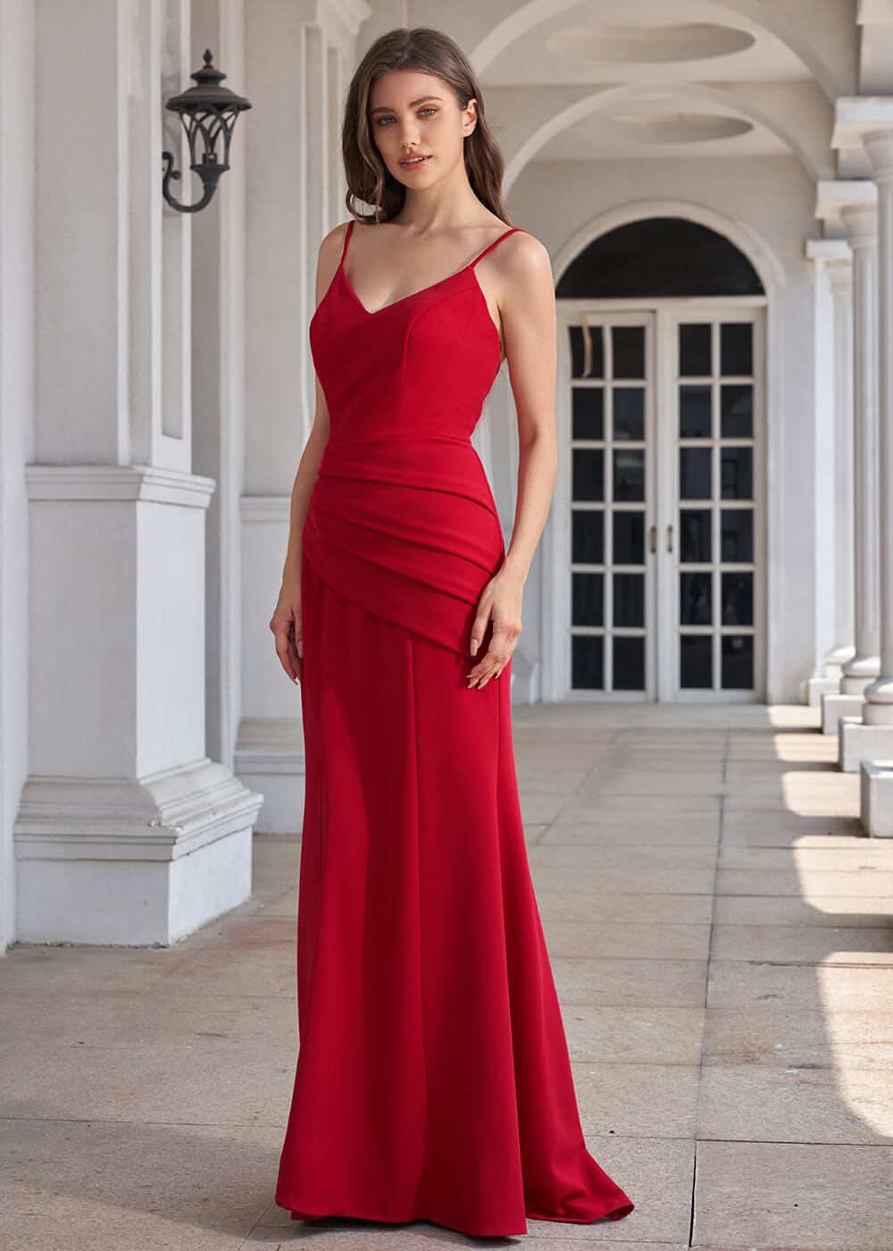 V-neck Spaghetti Strap Open Back Stretch Crepe Mermaid Long Bridesmaid Dress