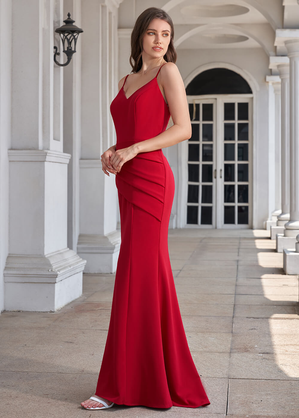 V-neck Spaghetti Strap Open Back Stretch Crepe Mermaid Long Bridesmaid Dress