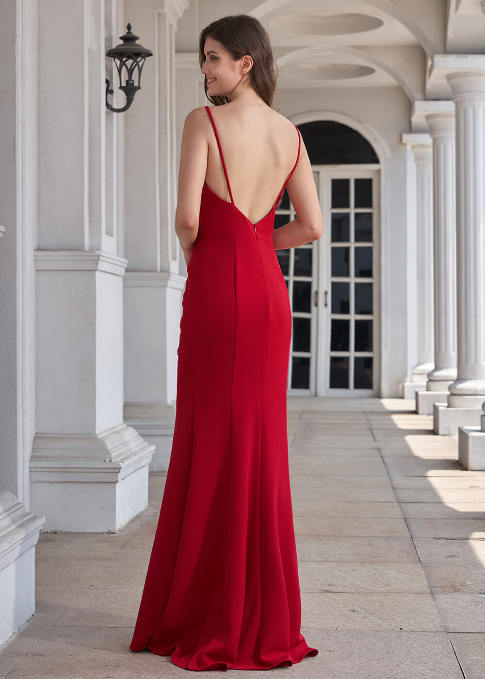 V-neck Spaghetti Strap Open Back Stretch Crepe Mermaid Long Bridesmaid Dress