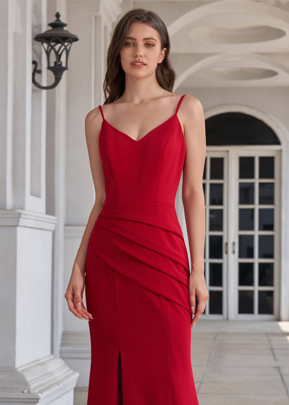 V-neck Spaghetti Strap Open Back Stretch Crepe Mermaid Long Bridesmaid Dress