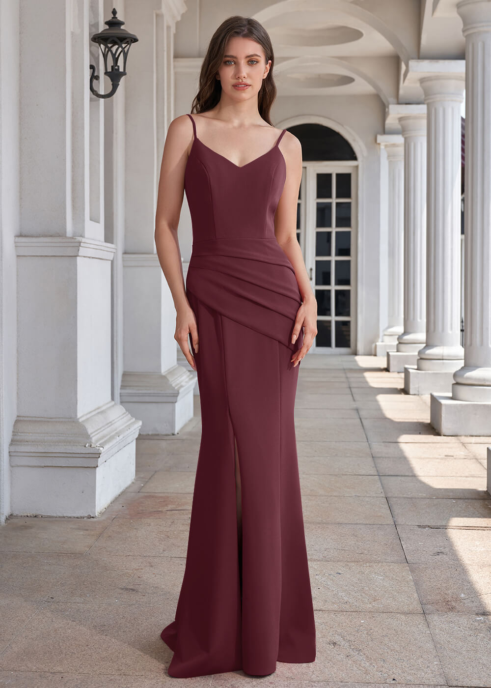 V-neck Spaghetti Strap Open Back Stretch Crepe Mermaid Long Bridesmaid Dress