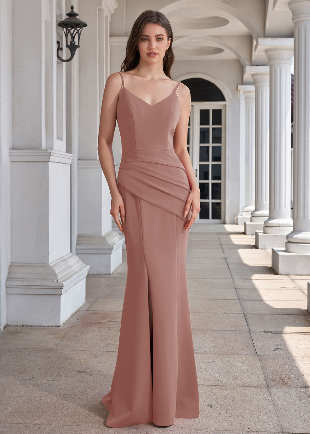V-neck Spaghetti Strap Open Back Stretch Crepe Mermaid Long Bridesmaid Dress