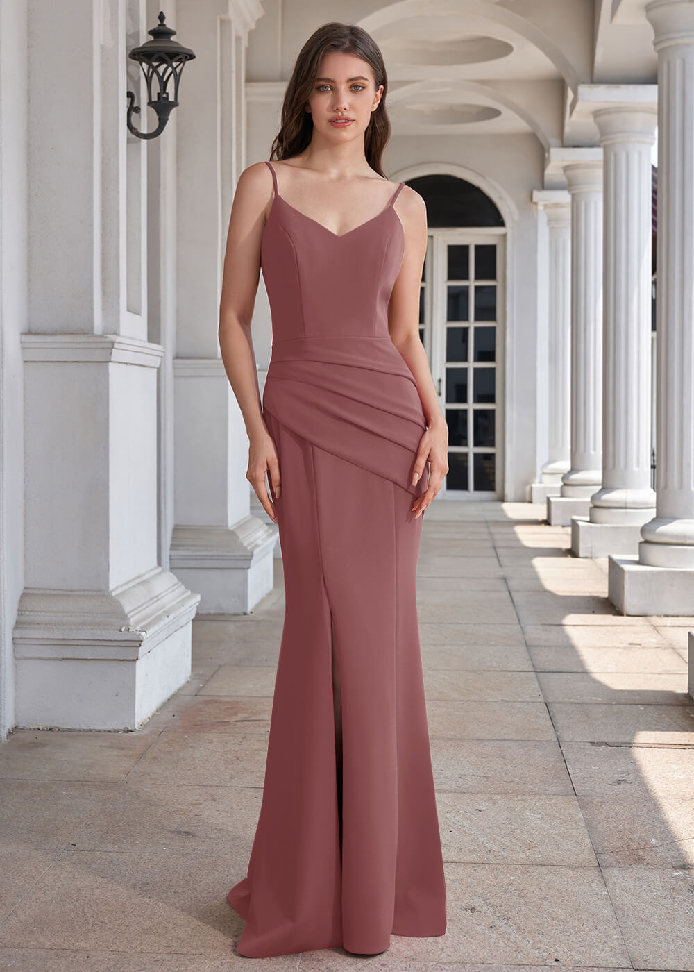 V-neck Spaghetti Strap Open Back Stretch Crepe Mermaid Long Bridesmaid Dress