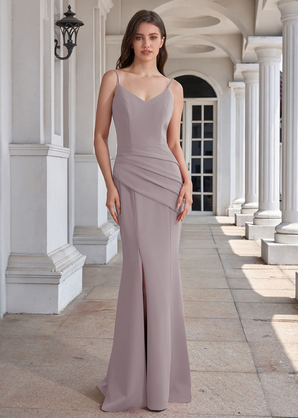 V-neck Spaghetti Strap Open Back Stretch Crepe Mermaid Long Bridesmaid Dress