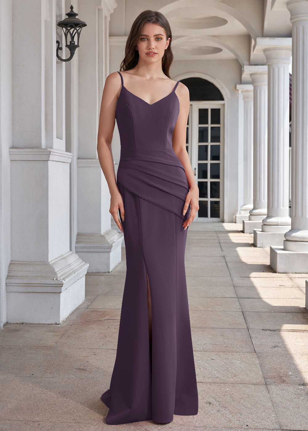 V-neck Spaghetti Strap Open Back Stretch Crepe Mermaid Long Bridesmaid Dress