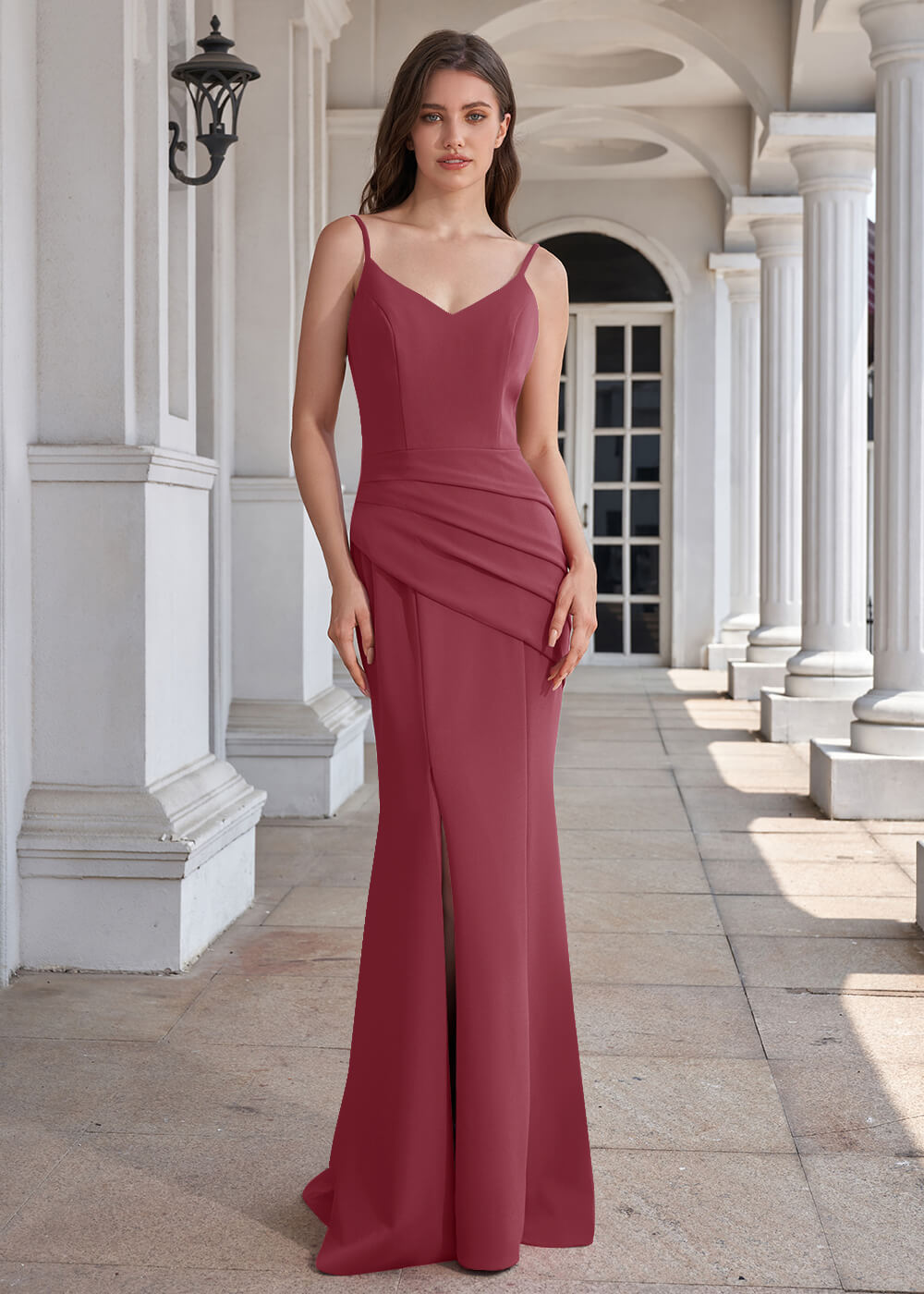V-neck Spaghetti Strap Open Back Stretch Crepe Mermaid Long Bridesmaid Dress