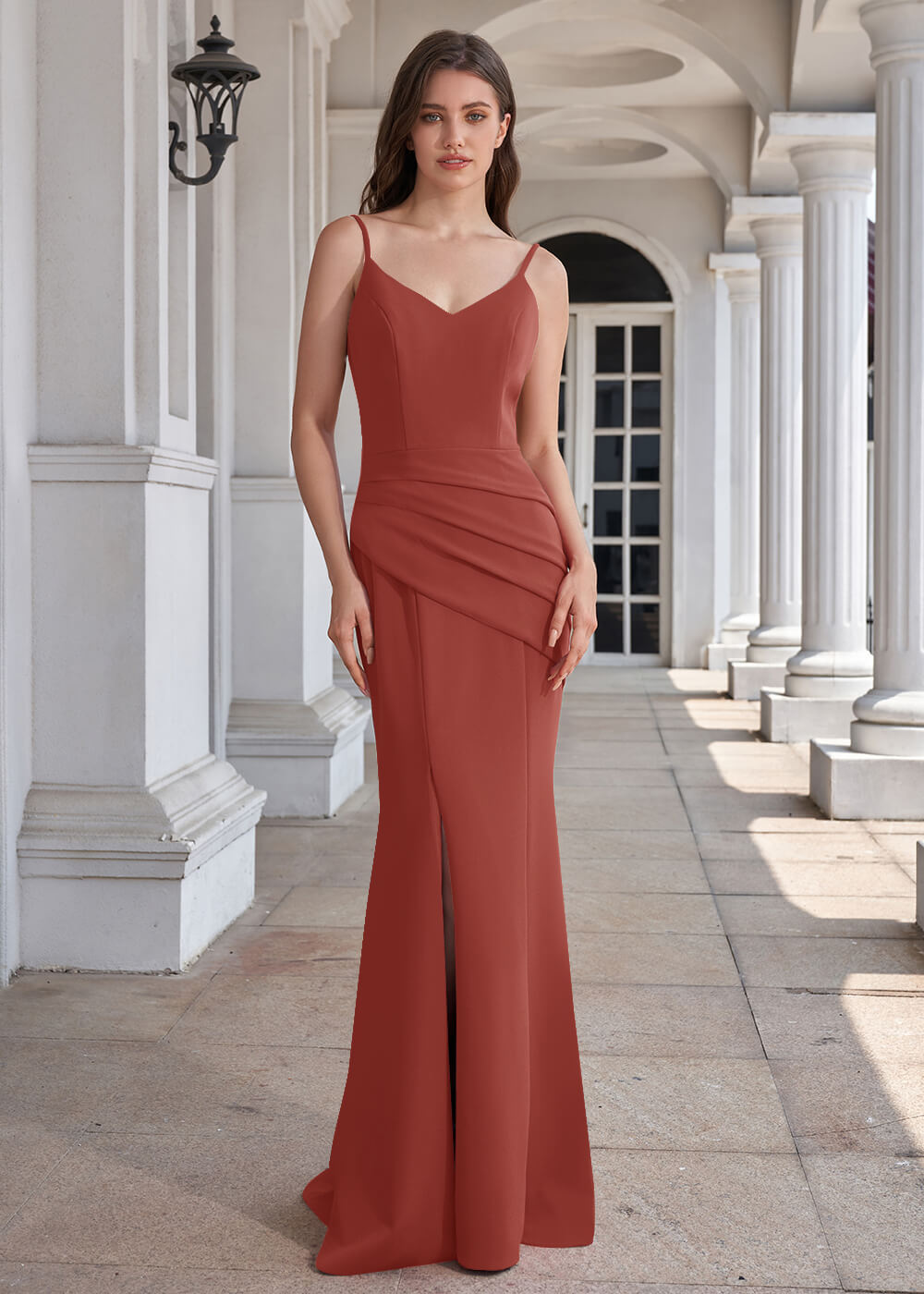 V-neck Spaghetti Strap Open Back Stretch Crepe Mermaid Long Bridesmaid Dress