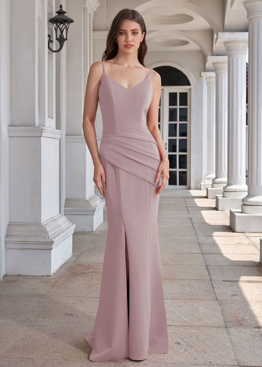 V-neck Spaghetti Strap Open Back Stretch Crepe Mermaid Long Bridesmaid Dress