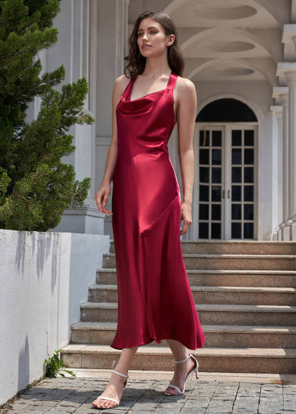 Cowl Neck A-line Satin Open Back Ankle Length Bridesmaid Dress