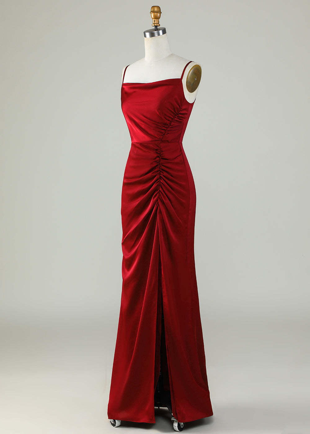 Sheath Satin Pleated Adjustable Spaghatti Strap Maxi Bridesmaid Dress