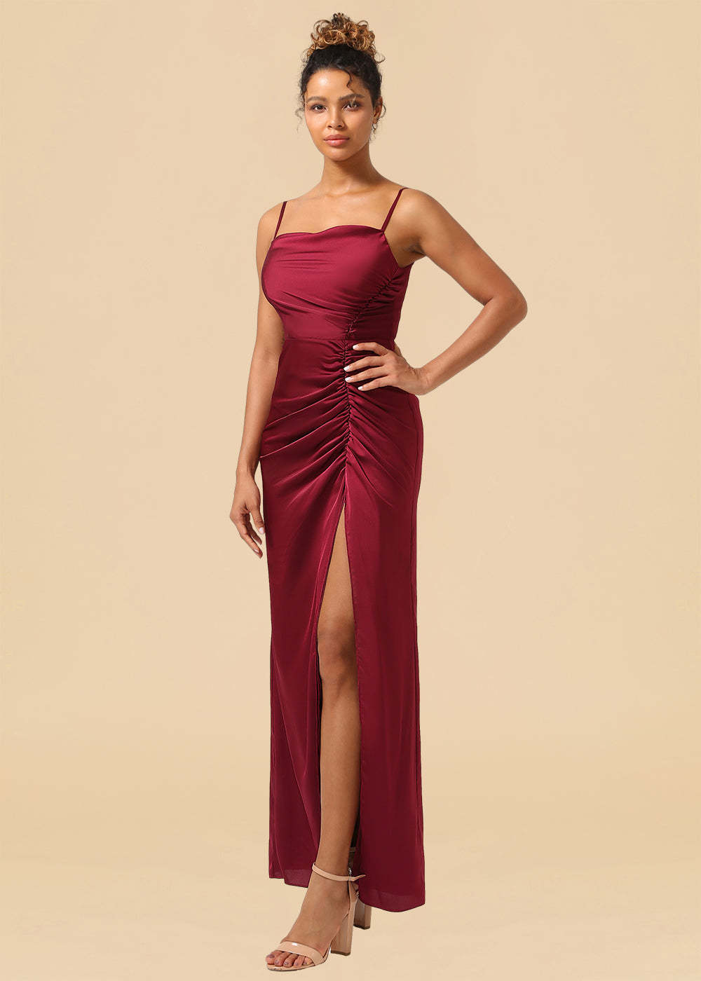 Sheath Satin Pleated Adjustable Spaghatti Strap Maxi Bridesmaid Dress