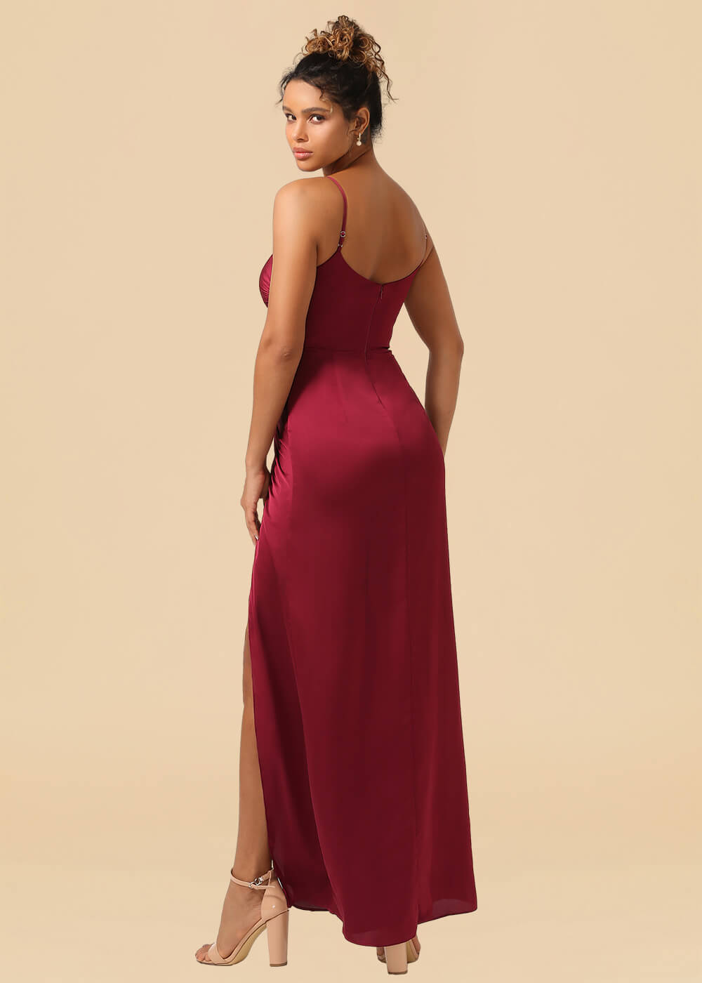 Sheath Satin Pleated Adjustable Spaghatti Strap Maxi Bridesmaid Dress
