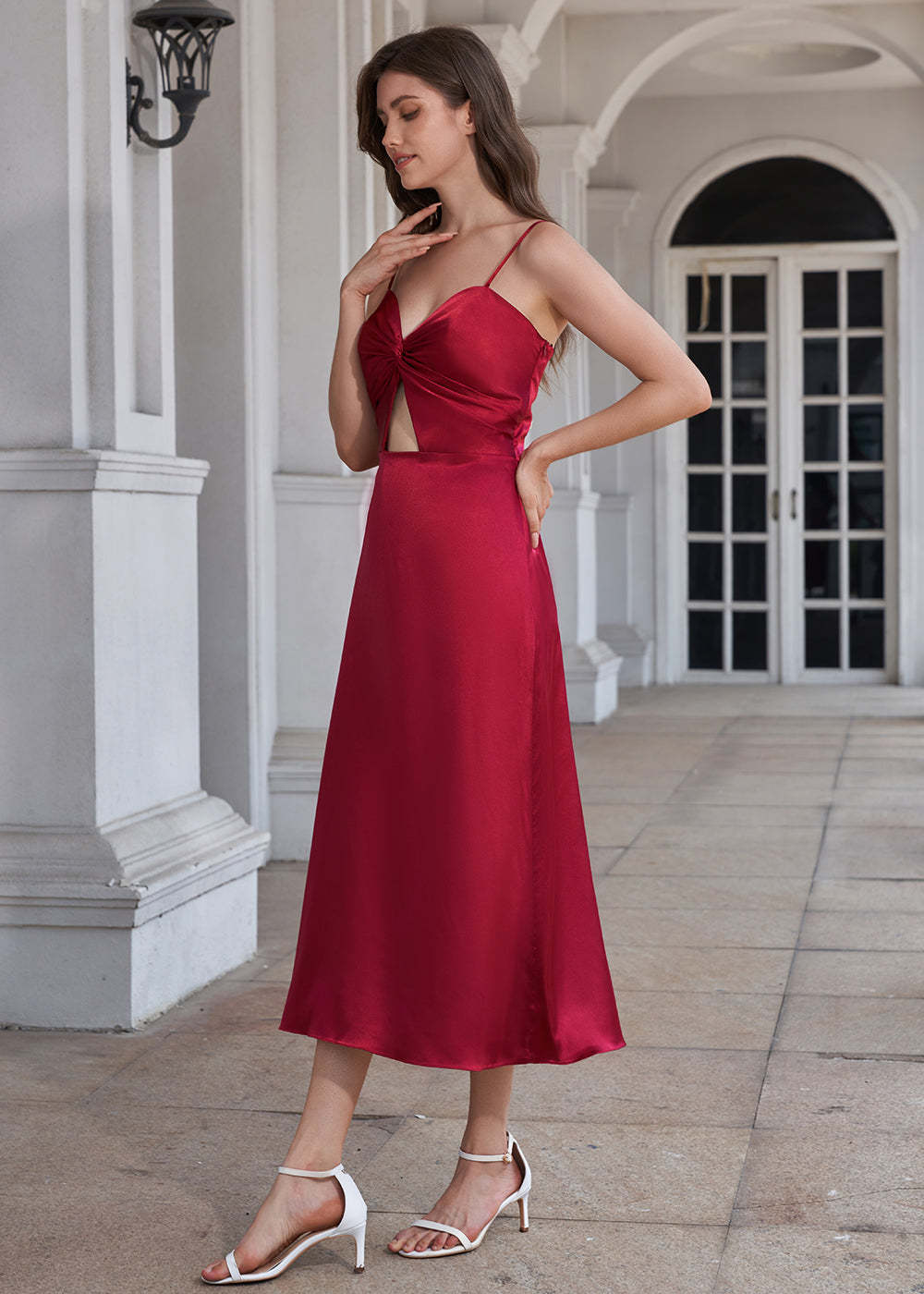 Tea Length A-line Sweetheart Neck Spaghetti Strap Bridesmaid Dress