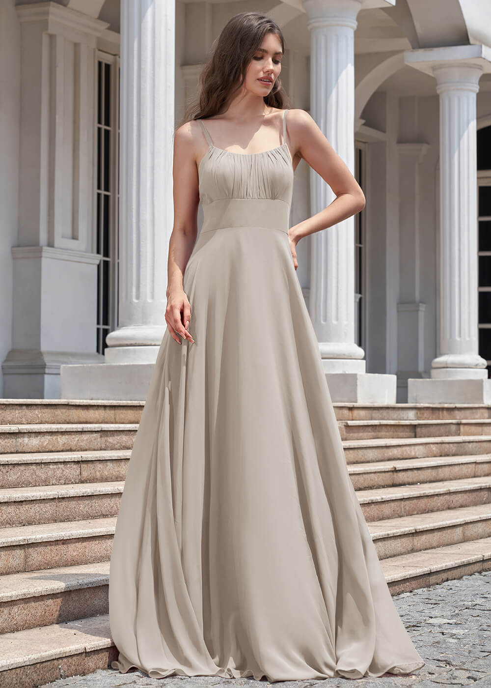 Round Neck Floor Length A-line Chiffon Pleated Bridesmaid Dress