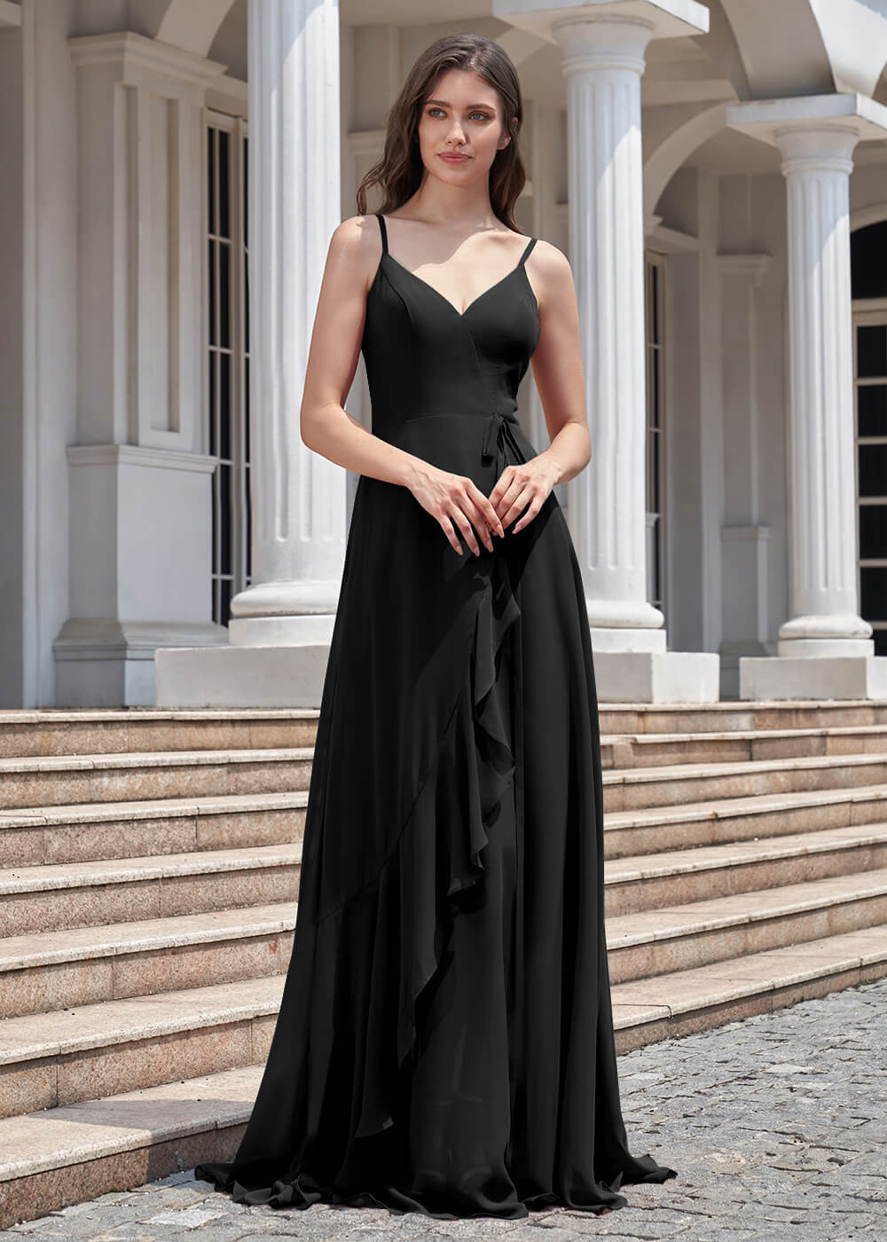 V-neck Spaghetti Strap V-Back Chiffon Floor Length Bridesmaid Dress
