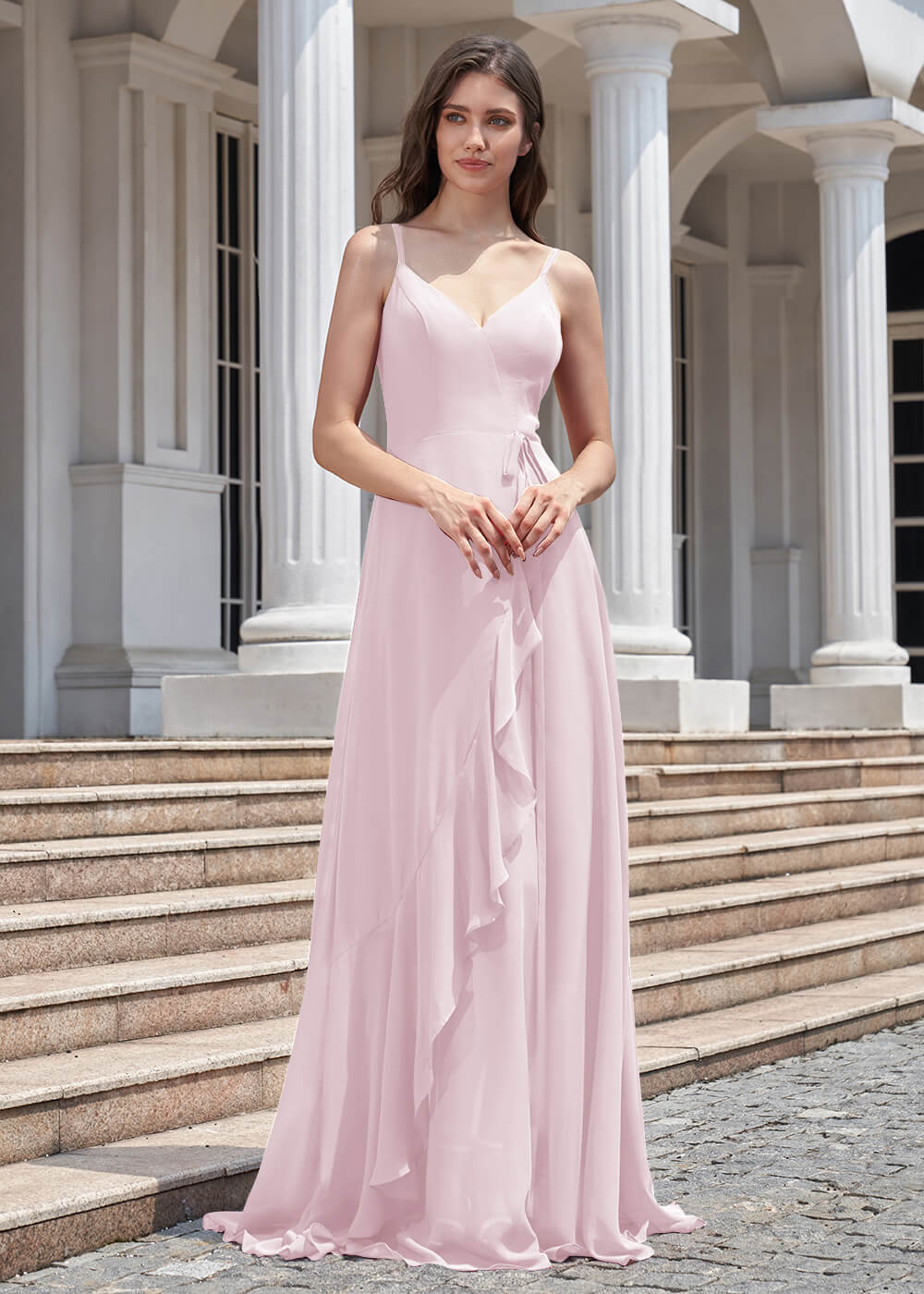 V-neck Spaghetti Strap V-Back Chiffon Floor Length Bridesmaid Dress