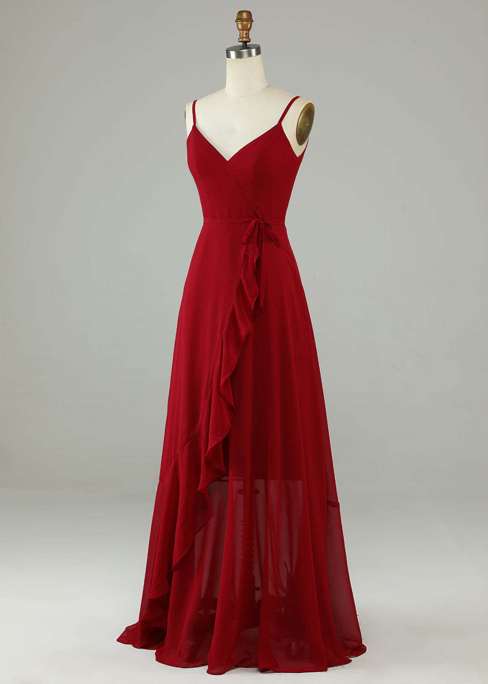 V-neck Spaghetti Strap V-Back Chiffon Floor Length Bridesmaid Dress