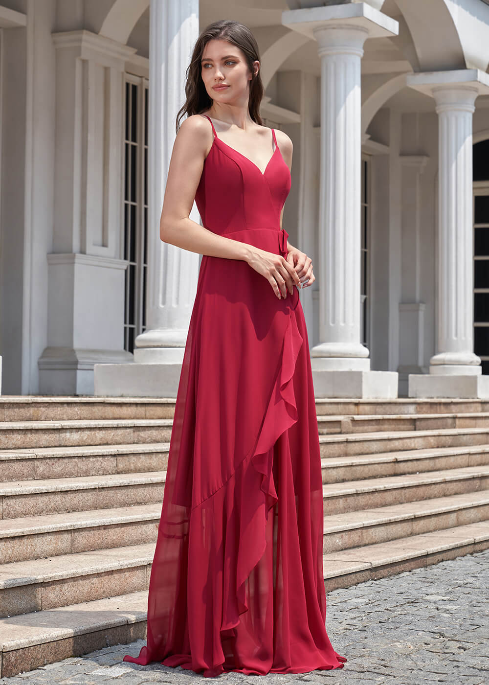 V-neck Spaghetti Strap V-Back Chiffon Floor Length Bridesmaid Dress