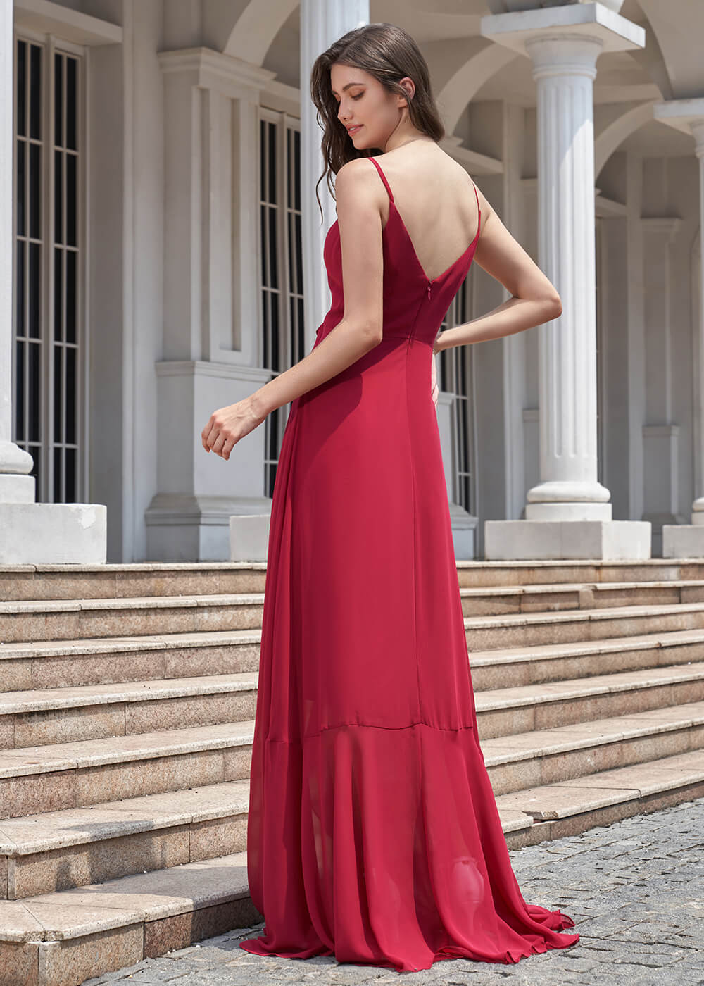 V-neck Spaghetti Strap V-Back Chiffon Floor Length Bridesmaid Dress