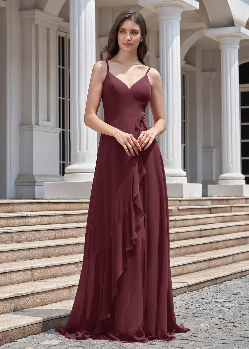V-neck Spaghetti Strap V-Back Chiffon Floor Length Bridesmaid Dress