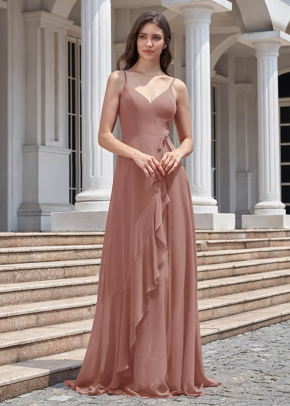V-neck Spaghetti Strap V-Back Chiffon Floor Length Bridesmaid Dress