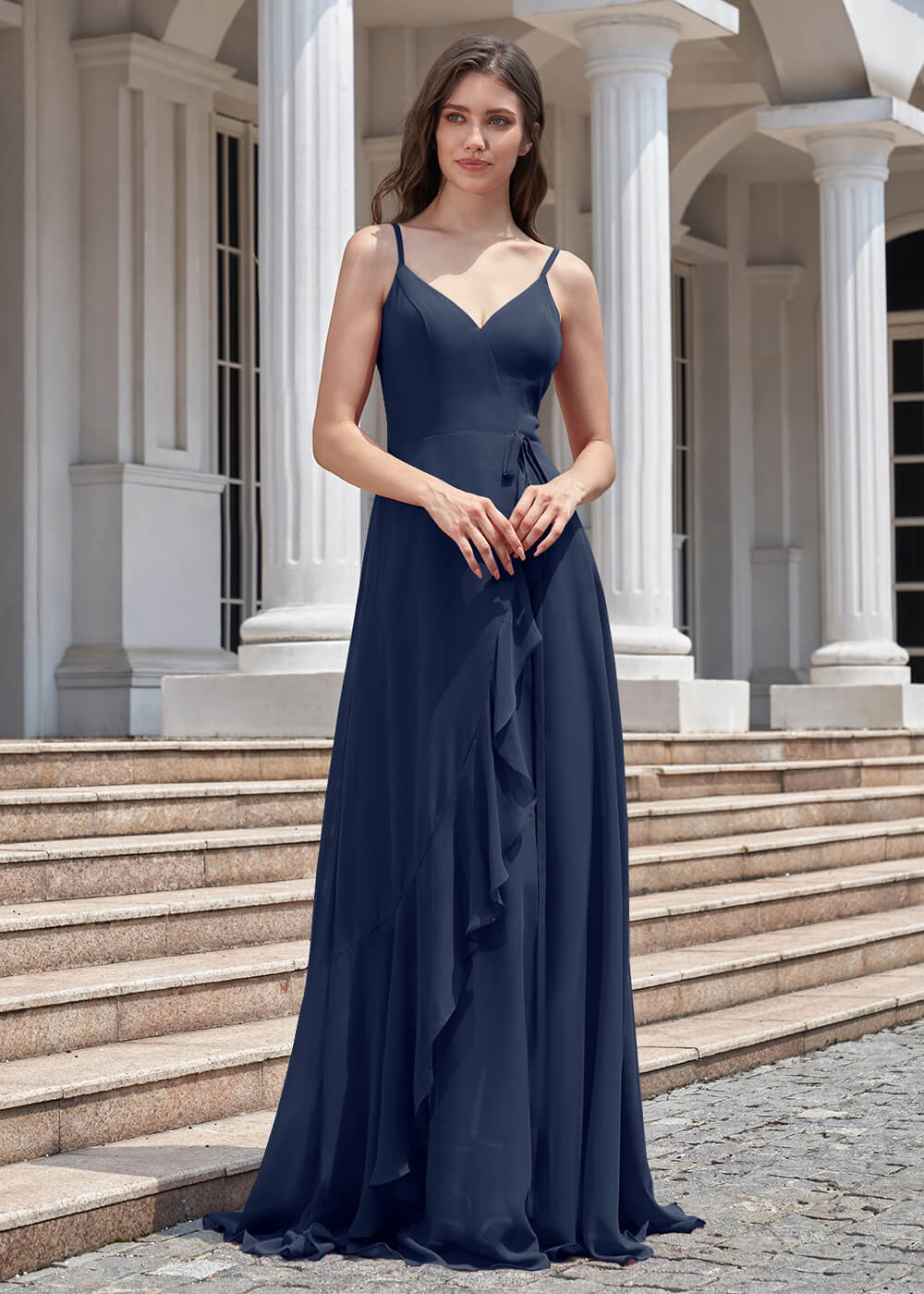 V-neck Spaghetti Strap V-Back Chiffon Floor Length Bridesmaid Dress
