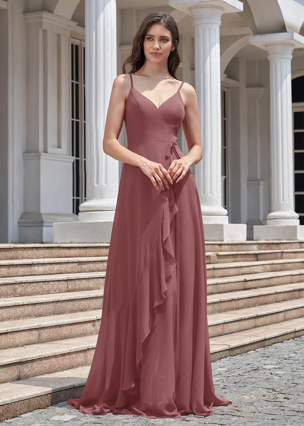 V-neck Spaghetti Strap V-Back Chiffon Floor Length Bridesmaid Dress