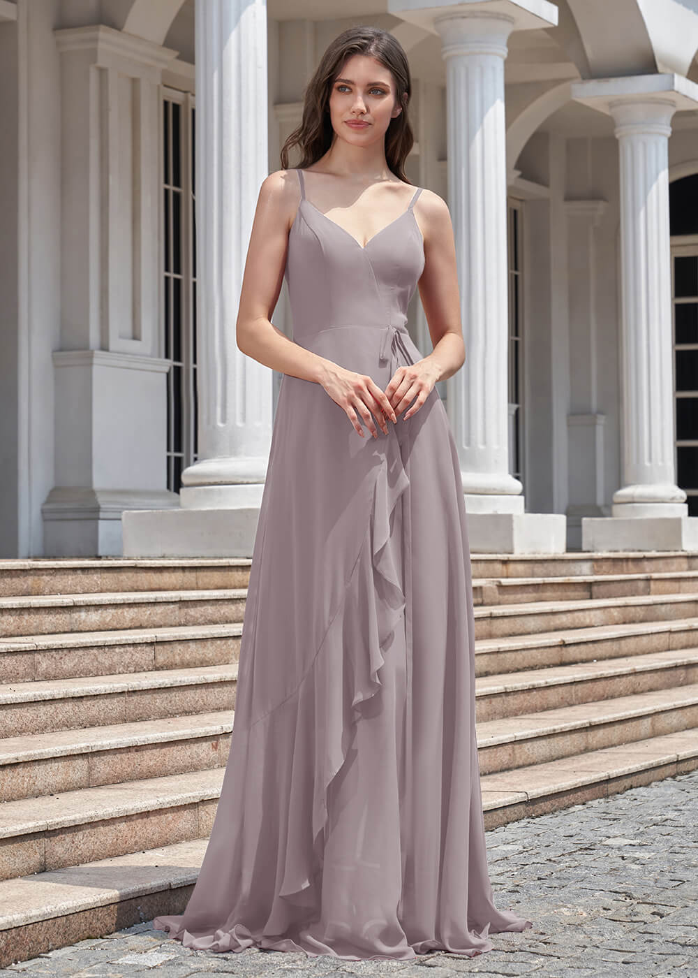 V-neck Spaghetti Strap V-Back Chiffon Floor Length Bridesmaid Dress