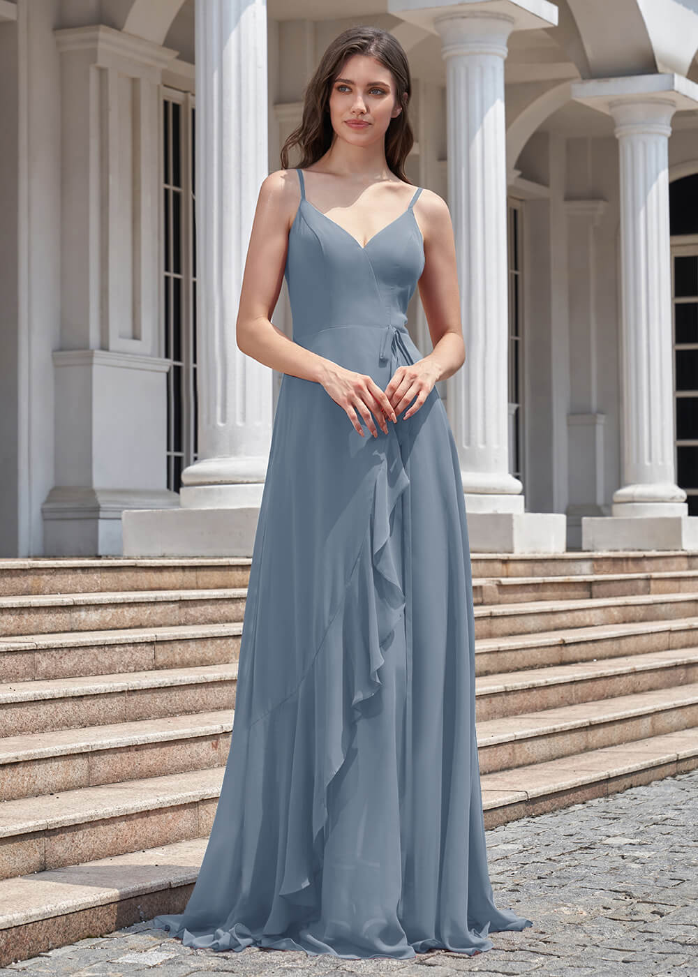 V-neck Spaghetti Strap V-Back Chiffon Floor Length Bridesmaid Dress